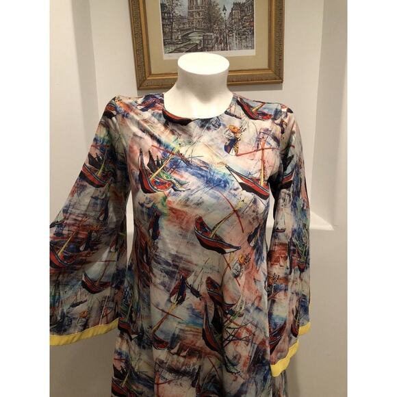 Aftican Design Trish O. Couture High-Low Long  Bell Sleeve Marine Print Dress - Picture 8 of 14